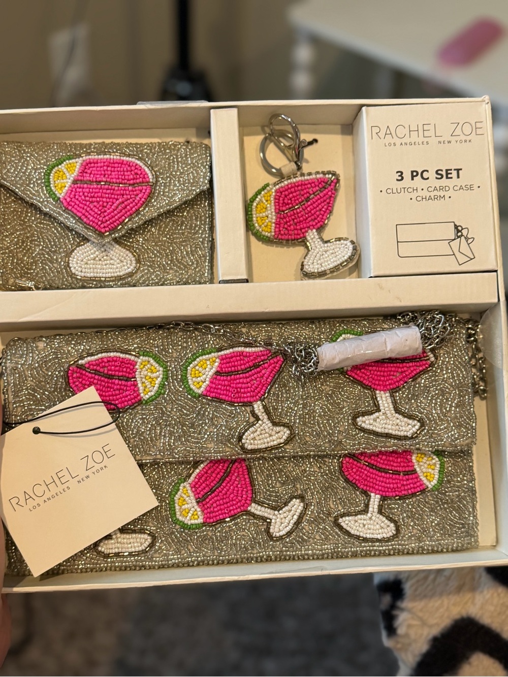 Rachel Zoe Pink Beaded Cocktail Clutch, Card Case & Charm Set
